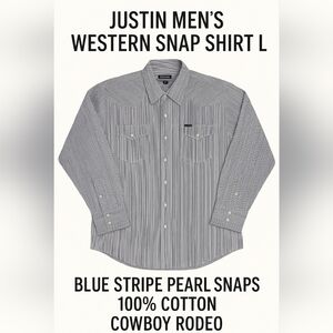 Justin Boots Men's Blue Striped Button Down Shirt Pearl Snaps
